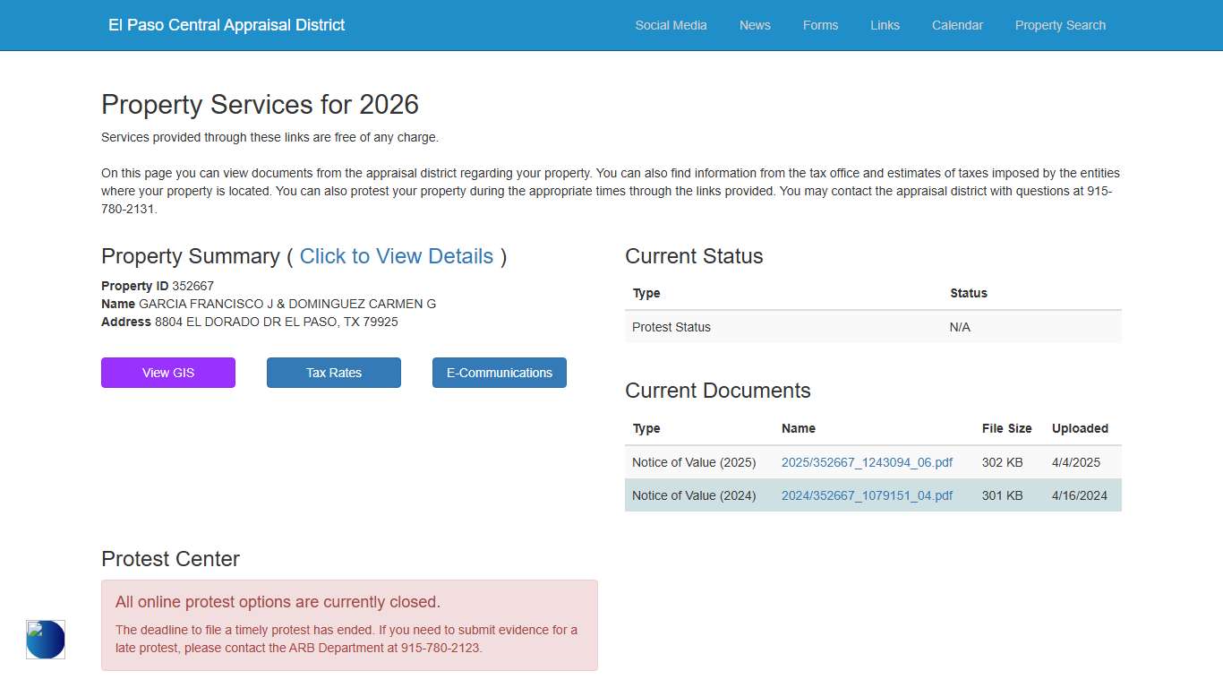 El Paso Central Appraisal District - Property Services for 2026